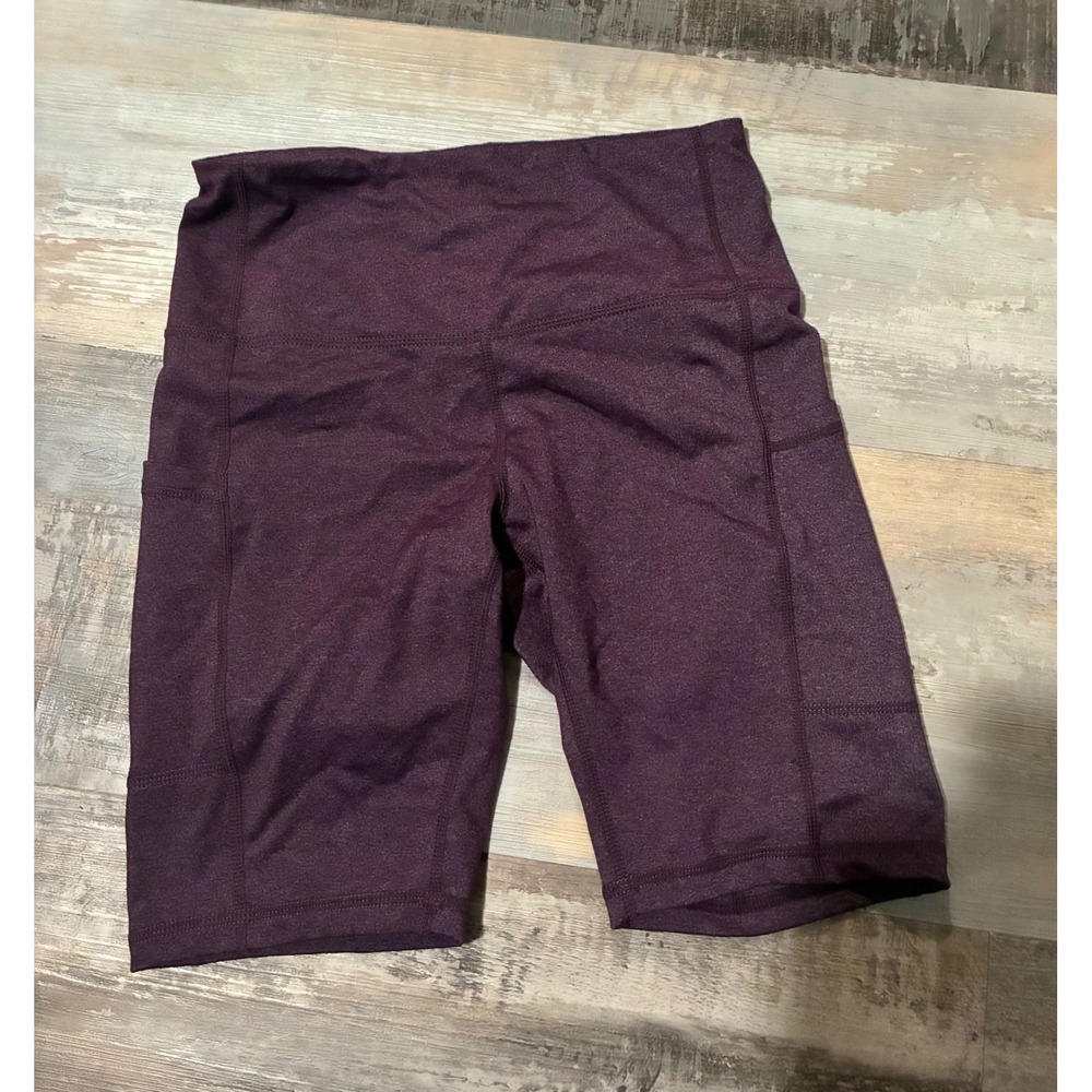 90 Degree by Reflex Womens High Waist Biker Shorts Purple Heathered Pockets S